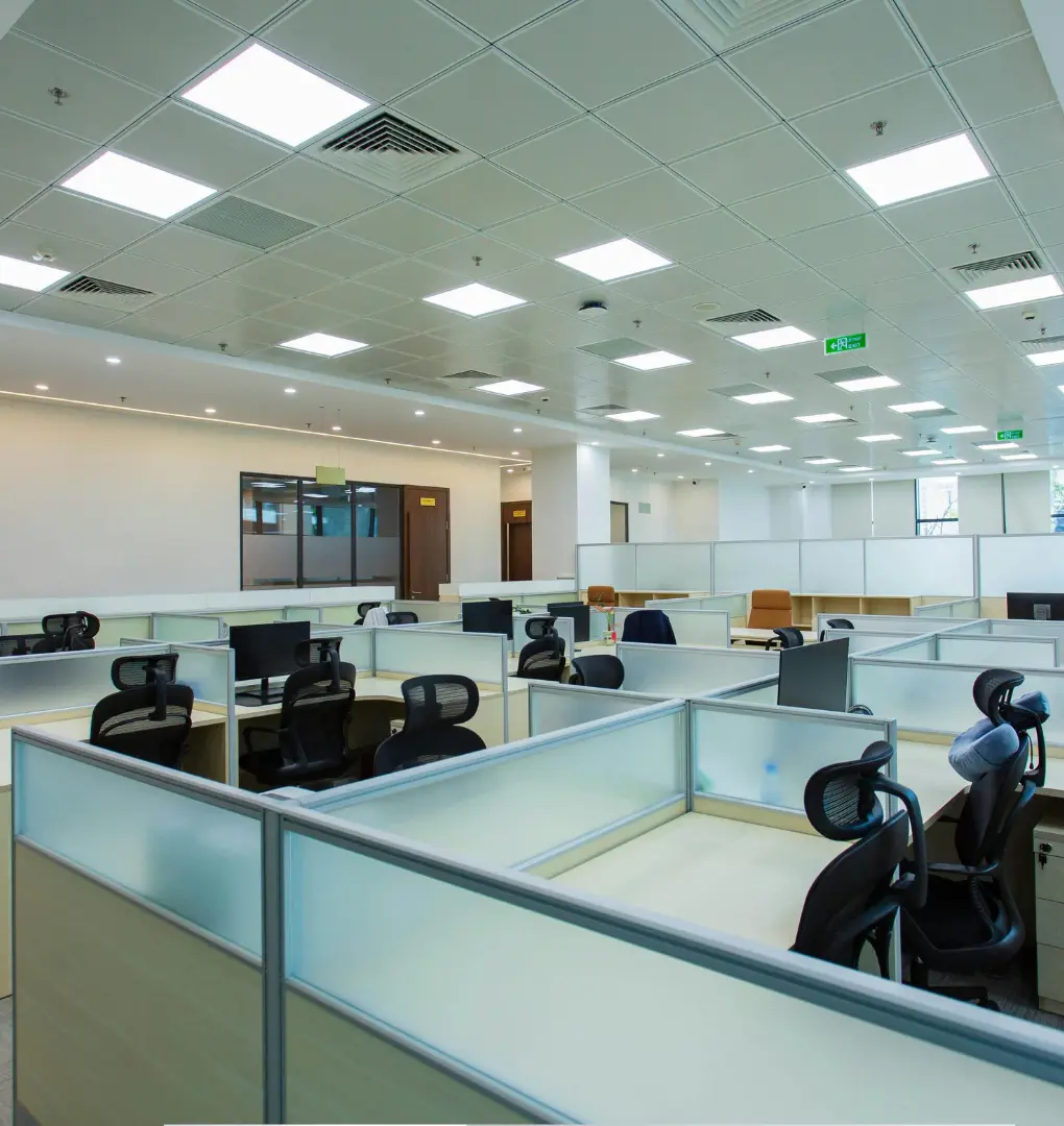 Office desks and furniture in a modern workspace
